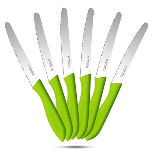targzier Frühstücksmesser 6 Stück, Tafelmesser Aus Edelstahl, Scharfes Brotmesser, Tomatenmesser Wellenschliff, Gezackte Klinge, Grünes Kunststoffgriff-Tafelmesser-Set von targzier