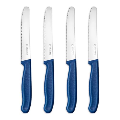 targzier Tafelmesser,Frühstücksmesser 4 Stück,Hochwertiges Brötchenmesser Set,Edelstahl Tomatenmesser Wellenschliff,Scharf Messer Set,Küchenmesser Klein,Kunststoffgriff Buttermesser,Blau von targzier