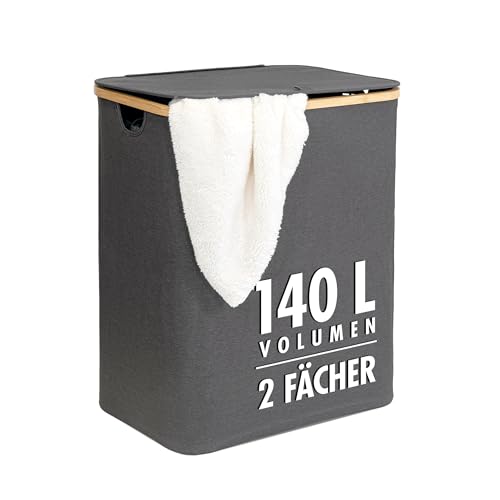 Wäschekorb | 140 Liter | 2 Fächer | mit Deckel und Bambus-Rahmen | Wäschesammler mit 2x Wäschesack zum herausnehmen | grau-anthrazit | ca. 57x37,5x67 cm | faltbar von tasir
