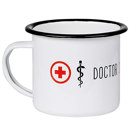 Emaille Tasse Doctor on Duty, Emaillebecher mit Rotem Kreuz und Äskulapstab, Medizin und Arzt Design, Kaffeepott, 300 ml von MUGSY