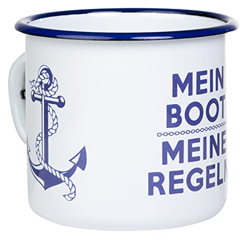 MUGSY Emaille Tasse, Mein Boot, Meine Regeln, Outdoor Tasse mit Spruch, Emaille Becher, 330ml, weiß von MUGSY