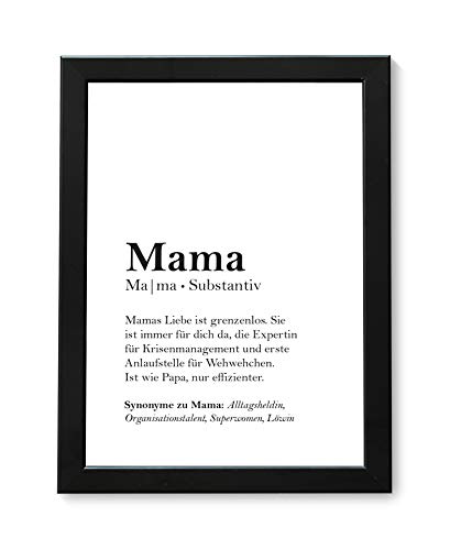 Definition: Mama | A4 | Kunstdruck mit schwarzem Echtholz-Bilderrahmen | Bild mit Wort-Erklärung Substantiv im Duden | Geburtstagsgeschenk Geschenk-Idee Mutter Geschenk Muttertagsgeschenk von tassenprinter