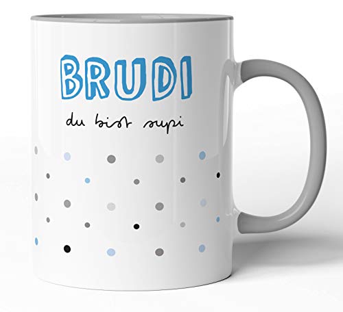 Tasse mit Spruch - Brudi du bist supi - Kaffeetasse Bruder Familie Geschenk-Idee/Tasse zum Geburtstag/Weihnachts-Geschenk (Grau, Bruder) von tassenprinter