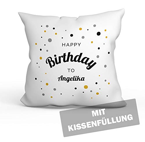 personalisierbares Kissen Happy Birthday mit Namen - Punkte weiß goldig - satinierte Kissenhülle mit Füllung und Namen weiß 40cm x 40cm von tassenprinter