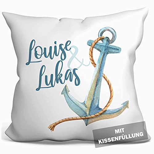 personalisierbares Kissen zur Hochzeit, Hochzeitskissen Anker Hochzeits-Geschenk Standesamt Kirchlich Freie Trauung, Kissenhülle mit Füllung, Kissen mit Namen und Datum weiß 40cm x 40cm (Anker) von tassenprinter