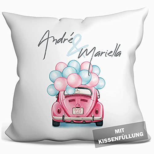 personalisierbares Kissen zur Hochzeit, Valentinstag oder Jahrestag, Hochzeitskissen Auto Hochzeits-Geschenk Geldgeschenk Kissenhülle mit Füllung und Namen weiß 40cm x 40cm (Aquarell Auto) von tassenprinter