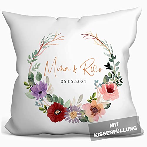 personalisierbares Kissen zur Hochzeit, Hochzeitskissen Auto Hochzeits-Geschenk Standesamt Kirchlich Freie Trauung, Kissenhülle mit Füllung, Kissen mit Namen und Datum weiß 40cm x 40cm (Bunte Blumen) von tassenprinter