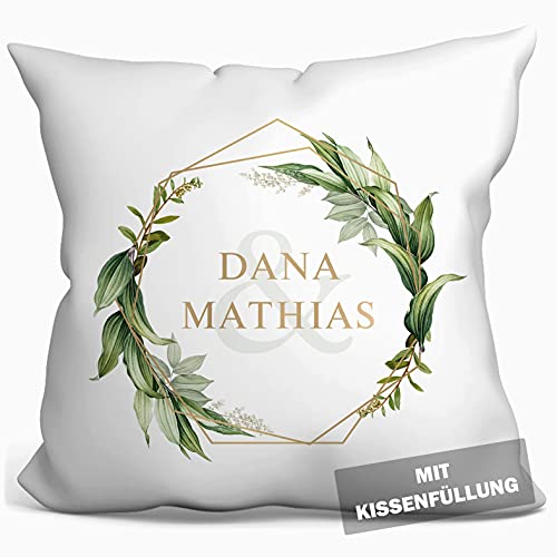 personalisierbares Kissen zur Hochzeit, Hochzeitskissen Auto Hochzeits-Geschenk Standesamt Kirchlich Freie Trauung, Kissenhülle mit Füllung, Kissen mit Namen und Datum weiß 40cm x 40cm (Grün) von tassenprinter