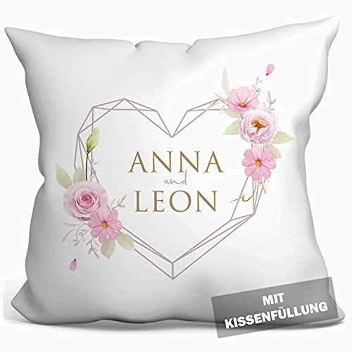 personalisierbares Kissen zur Hochzeit, Hochzeitskissen Auto Hochzeits-Geschenk Standesamt Kirchlich Freie Trauung, Kissenhülle mit Füllung, Kissen mit Namen und Datum weiß 40cm x 40cm (Herz Rosé) von tassenprinter