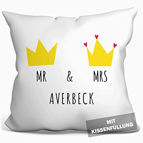 personalisierbares Kissen zur Hochzeit, Hochzeitskissen Auto Hochzeits-Geschenk Standesamt Kirchlich Freie Trauung, Kissenhülle mit Füllung, Kissen mit Namen und Datum weiß 40cm x 40cm (Mrs-Ms) von tassenprinter