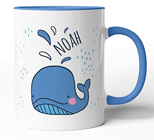 tassenprinter 300 ml Keramik Spruch-Tasse: Blauer Wal Blauwal personalisiert mit Namen – weiß blau hellblau – Geburtstag Einschulung Geschenk-Idee/Mug/Cup/Kaffee/Tee von tassenprinter