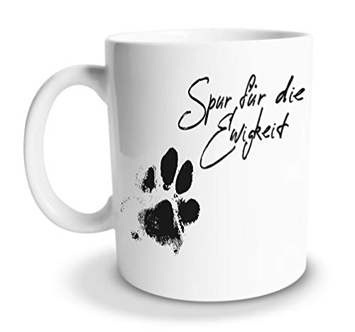 tassenprinter Dog Style Hunde-Tasse 300ml Keramik Kaffee-Tasse als Geschenk für Hunde-Fans Mamas und Liebhaber lustige und süße Motive Spruch Pfote Geburtstag (Spuren-Ewigkeit) von tassenprinter