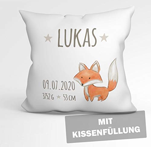 tassenprinter Kissen mit Füllung - Geschenk zur Geburt, Babygeschenk Jungen oder Mädchen mit Geburtsdaten (Name & Datum) personalisiertes Namensgeschenk für Baby, 40x40cm weiß (Fuchs) von tassenprinter