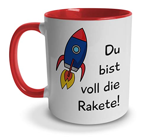 tassenprinter Spruch-Tasse: Du bist voll die Rakete – weiß mit rot an Henkel & Innen – Familie/Family – Geschenk-Idee/Mug/Cup/Kaffee/Tee von tassenprinter