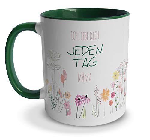 tassenprinter Spruch-Tasse: Ich Liebe Dich jeden Tag Mama – weiß mit grün an Henkel & Innen – Muttertag Mutter Familie Family – Geschenk-Idee/Mug/Cup/Kaffee/Tee von tassenprinter