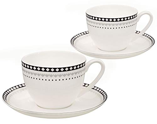 Buchensee Kaffeetassen Set aus Fine Bone China Porzellan. 2 Kaffeetassen je 210ml und 2 Unterteller mit stilvollem Rautendekor. von Buchensee