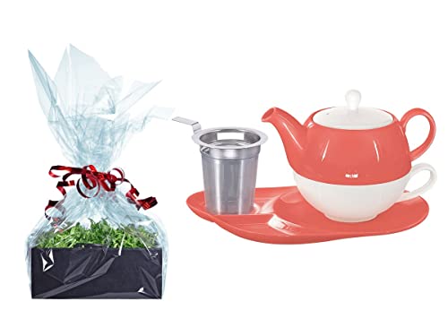 Buchensee Tee Geschenk Set, Tea for One mit Sieb Lena coralrot 500ml aus Porzellan. Teekanne + Teetasse + Untertasse mit Ablageflächen + Sieb von Buchensee