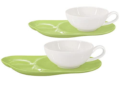 Buchensee Teetassen Set Lena aus Crystal Bone China Porzellan in grün. 2 Tassen je 200ml + Untertasse mit praktischen Ablageflächen von Buchensee