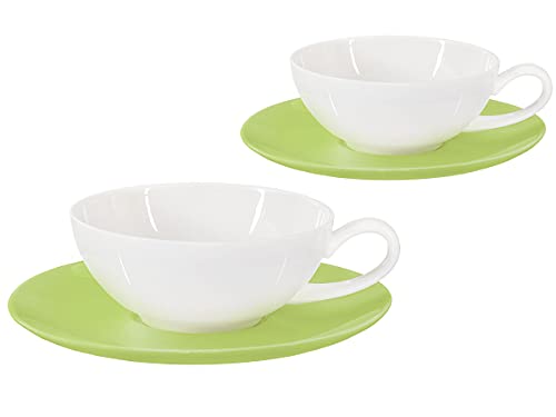 Buchensee Teetassen Set Lena aus Crystal Bone China Porzellan. 2 Tassen je 200ml mit Untersetzer in stilvoll-modernem Grün-Weiß-Design von Buchensee