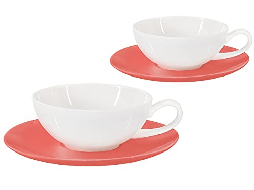 Buchensee Teetassen Set Lena aus Crystal Bone China Porzellan. 2 Tassen je 200ml mit Untersetzer in stilvoll-modernem Rot-Weiß-Design von tea4chill