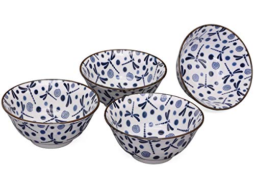 Porzellan Schale/Dessertschale/Müslischale - Original Japanisches Schalen Set 4-teilig, Ø 15cm blau/weiß, Libellenmuster von tea4chill