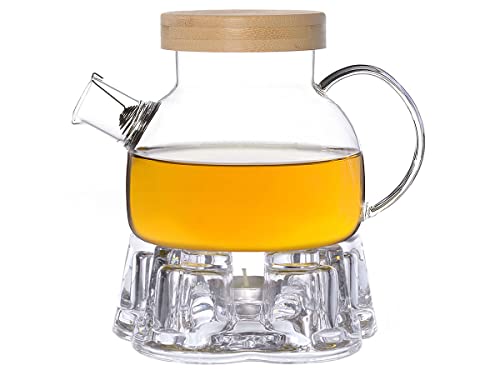Teeset: Glas-Teekanne 900ml mit Holzdeckel und Edelstahl-Spiralsieb + Stövchen aus Glas von tea4chill