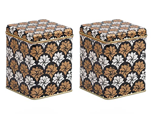 tea4chill 2 Stk Teedosen für losen Tee 100g, Gewürzdosen "Lotus", Metall, eckig mit Scharnierdeckel, vintage Design, 75 x 75 x 95mm (LxBxH) von tea4chill