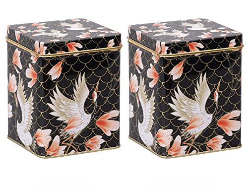 tea4chill 2 Stk Teedosen für losen Tee 200g, Gewürzdosen Cranes, Metall, eckig mit Scharnierdeckel, vintage Design, 88 x 88 x 115mm (LxBxH) von tea4chill