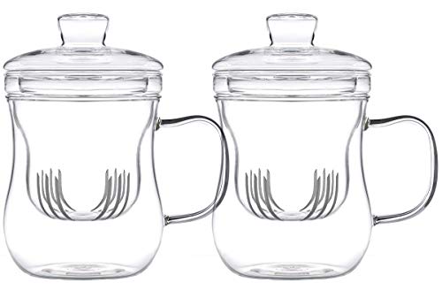 tea4chill 2 Stück Teetassen mit Glas-Filter und Deckel. Handgefertigte Teegläser für losen Tee oder Beutel. Mit je 400ml Füllvolumen und elegant geschwungener Form. von tea4chill