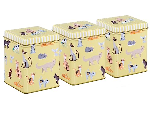 tea4chill 3 Stk Teedosen für losen Tee 100g, Gewürzdosen Cats, Metall, eckig mit Scharnierdeckel, vintage Design, 75 x 75 x 95mm (LxBxH) von tea4chill