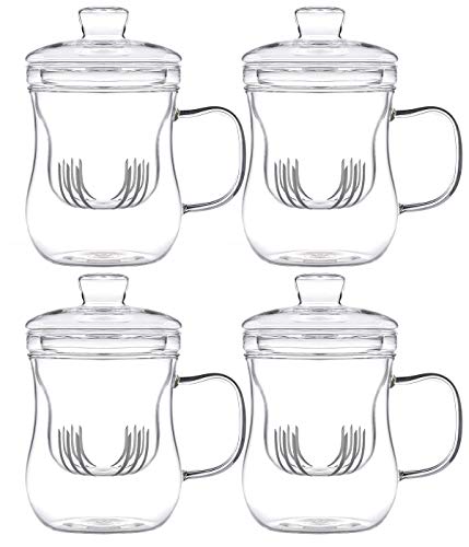 tea4chill 4 Stück Teetassen mit Glas-Filter und Deckel. Handgefertigte Teegläser für losen Tee oder Beutel. Mit je 400ml Füllvolumen und elegant geschwungener Form. von tea4chill