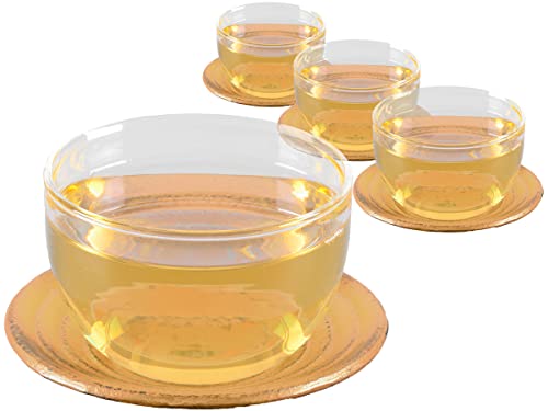tea4chill 4 x Teetasse Glas mit Untertasse aus Gusseisen in ocker, 120ml. Traditionelles asiatisches Set Teebecher Glas mit Untertasse aus Gusseisen. Ideal Ergänzung für Gusseisen Teekanne. von tea4chill