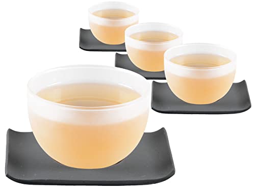 tea4chill 4 x Teetasse Glas mit Untertasse aus Gusseisen in schwarz, 120ml gefrostet. Traditionelles asiatisches Set Teebecher Glas mit Untertasse. Ideal Ergänzung für Gusseisen Teekanne. von tea4chill