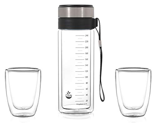 Matcha-Shaker MATCHAquick: Teeflasche aus Glas für die schnelle Matcha Tee Zubereitung ohne Besen. Thermoflasche für Daheim oder im Büro inkl. 2 Teegläser. von tea4chill