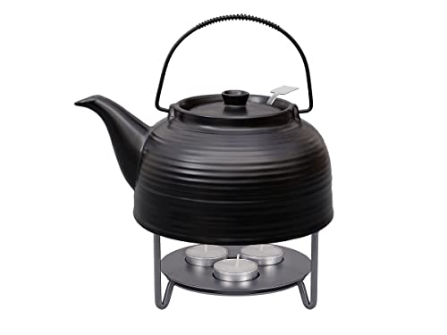 Teeservice „Nelly“. Moderne Teekanne 1,5 Liter in schwarz-schwarz aus hitzebeständiger Keramik mit Edelstahlfilter und Metall-Stövchen. von tea4chill