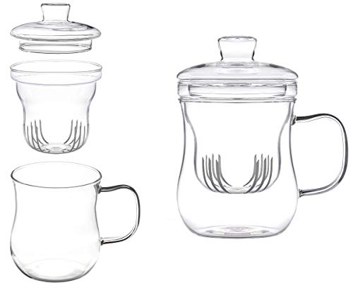 tea4chill Teetasse mit Glas-Filter und Deckel. Handgefertigtes Teeglas für losen Tee oder Beutel. Mit 400ml Füllvolumen und elegant geschwungener Form. von tea4chill