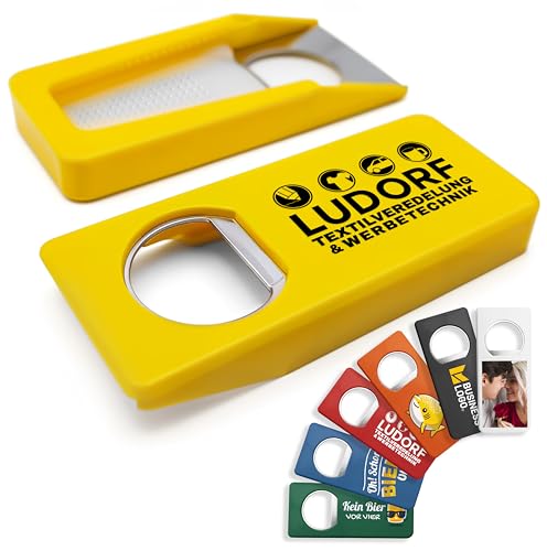 #teamludorf - 10 Stück Anpassbarer Flaschenöffner mit Bild in Gelb – personalisiertes Geschenk für Biertrinker, in sieben Farben erhältlich, mit eigenem Bild und Text von #teamludorf