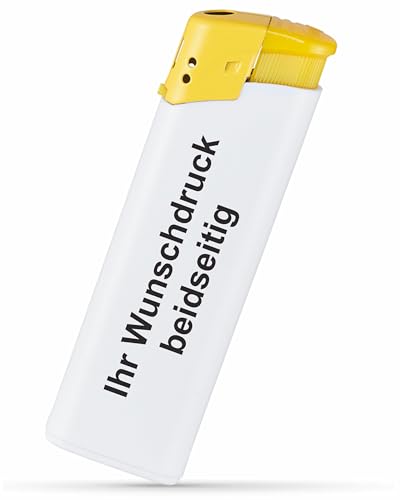 #teamludorf Elektronik-Feuerzeug mit Druck - Beidseitig Bedruckt mit Wunsch-Text & Logo - Nachfüllbar - Werbe-Geschenk (weiß-gelb, 50) von #teamludorf