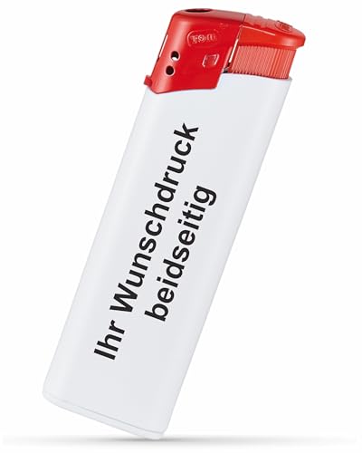 #teamludorf Elektronik-Feuerzeug mit Druck - Beidseitig Bedruckt mit Wunsch-Text & Logo - Nachfüllbar - Werbe-Geschenk (weiß-rot, 50) von #teamludorf