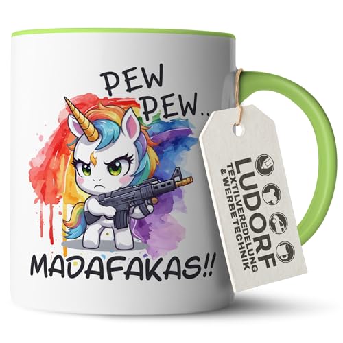 #teamludorf - Tasse - Hellgrün Henkel & Innen - Einhorn PEW PEW... MADAFAKAS! - Lustige 300 ml Keramik-Kaffeetasse, langlebig, für Mikrowelle geeignet, Geschenkidee #teamludorf - Tasse - Hellgrün Henkel & Innen - Einhorn PEW PEW... MADAFAKAS! - Lustige 300 ml Keramik-Kaffeetasse, langlebig, für Mikrowelle geeignet, Geschenkidee von #teamludorf