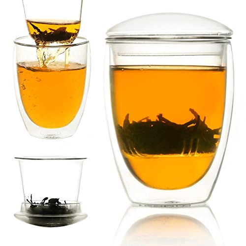Teapro Glas-Teetasse mit Teesieb, lose Teekanne für eine Person, Tee-Ei, Tasse mit Deckel, doppelwandiges Glas, lose Blätter, Teesieb, Teebereiter, Geschenkset, Glas-Teekanne mit Teesieb und Deckel, von teapro