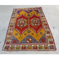 Rot Gelb Blauer Tuksih Teppich, Wollteppich, Kelimteppich, Vintage Teppich 100 X 120 cm Rot Gelb Blauer Tuksih Teppich, Wollteppich, Kelimteppich, Vintage Teppich 100 X 120 cm von teatimerugs