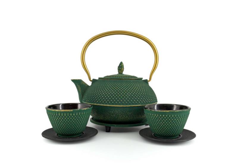 teayumi Teekanne ARARE Tetsubin Komplett-Set Gusseisenkanne 1200 ml Grüngold, 1.2 l, (Komplett-Set, 8-teilig), mit herausnehmbaren Edelstahlsieb, mit Henkel von teayumi