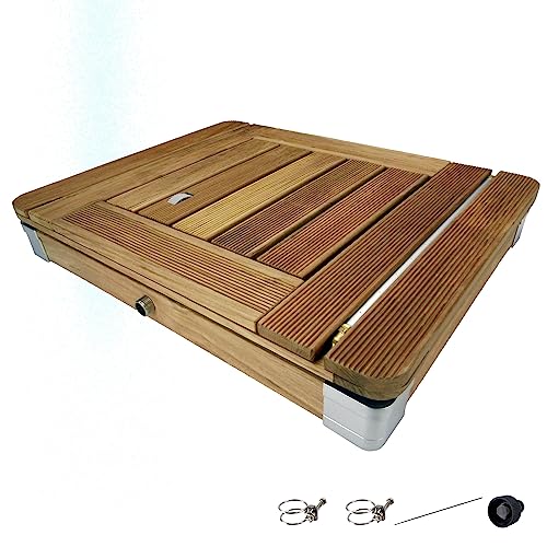 @tec Bodendusche Mobile Outdoor Gartendusche Camping-Dusche aus massivem Teak-Holz - Pool-Dusche, Sauna-Dusche, Aussendusche mit Bodenplatte, Jump-On-Shower - Tritt-Mechanismus 70cm x 55cm x 11cm von @tec