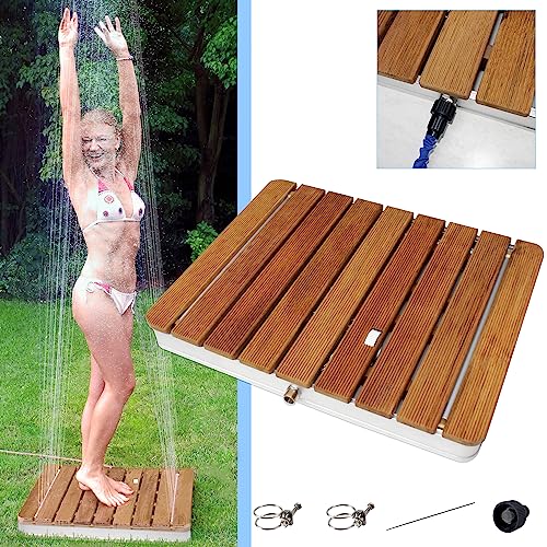 @tec Gartendusche Aussendusche aus massivem Teak-Holz, Mobile Bodendusche Campingdusche, Sauna- & Pool-Dusche mit Bodenplatte für den Garten, Outdoor Shower - eckig 70x55cm von @tec