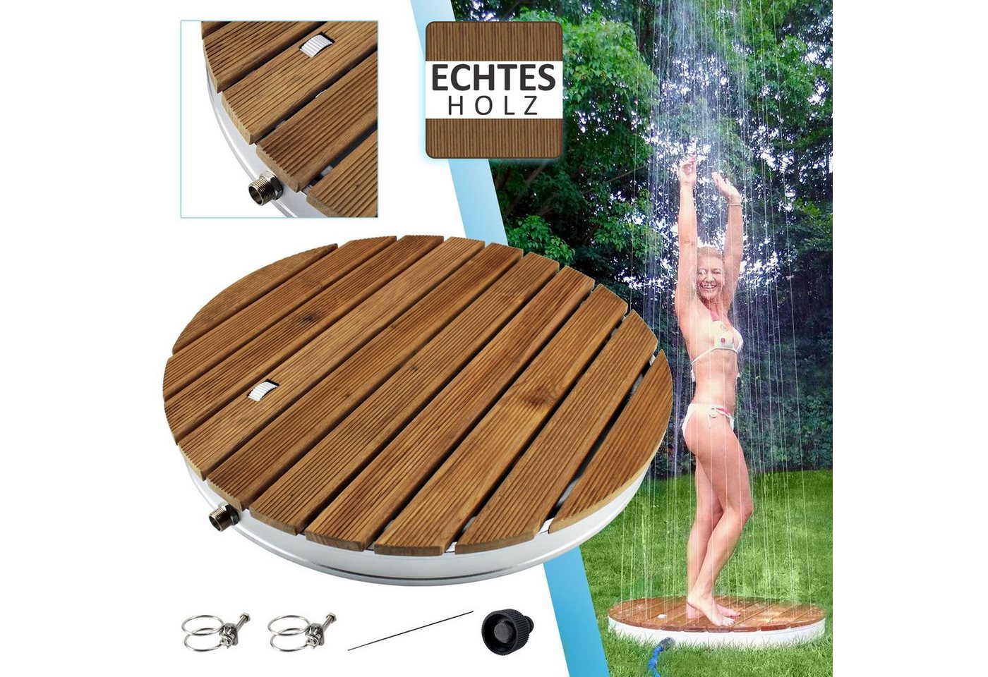 @tec Gartendusche MyGarden Aussendusche aus massivem Teakholz, rund, Echtes Holz Bodendusche rund, mit Bodenplatte Outdoor, dm. 70cm von @tec