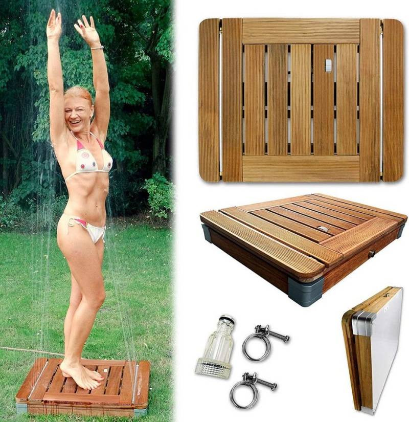@tec Gartendusche Outdoor Dusche aus massivem Teak-Holz - Tritt-Mechanismus, Pool-Dusche, Sauna-Dusche, Aussendusche mit Bodenplatte, Jump-On-Shower von @tec