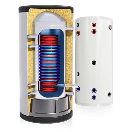 TECHGLOBE - Warmwasserspeicher komplett aus Edelstahl - mit 2 extragroßen Wärmetauschern (1,8 + 3,1 m2) - Energieeffizient Brauchwasserspeicher - mit 50mm Isolierung - (300 L) von tech globe