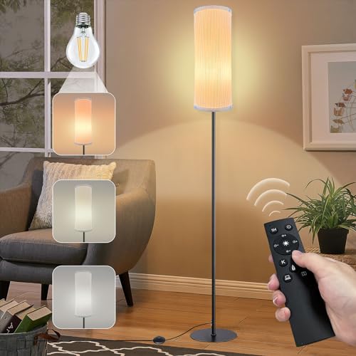 techextra Stehlampe, LED Stehlampe mit für Wohnzimmer Schlafzimmer, Moderne Stehlampe mit Leinen Lampenschirm & Fernbedienung, 3 Farbtemperaturen, LED dimmbare Glühbirne enthalten, 173cm Höhe von techextra