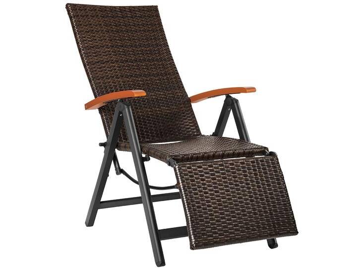 Rattanstuhl Brisbane klappbar mit Aluminiumgestell, Fußablage, verstellbarer Rückenlehne, Armlehnen aus Holz, braun von tectake